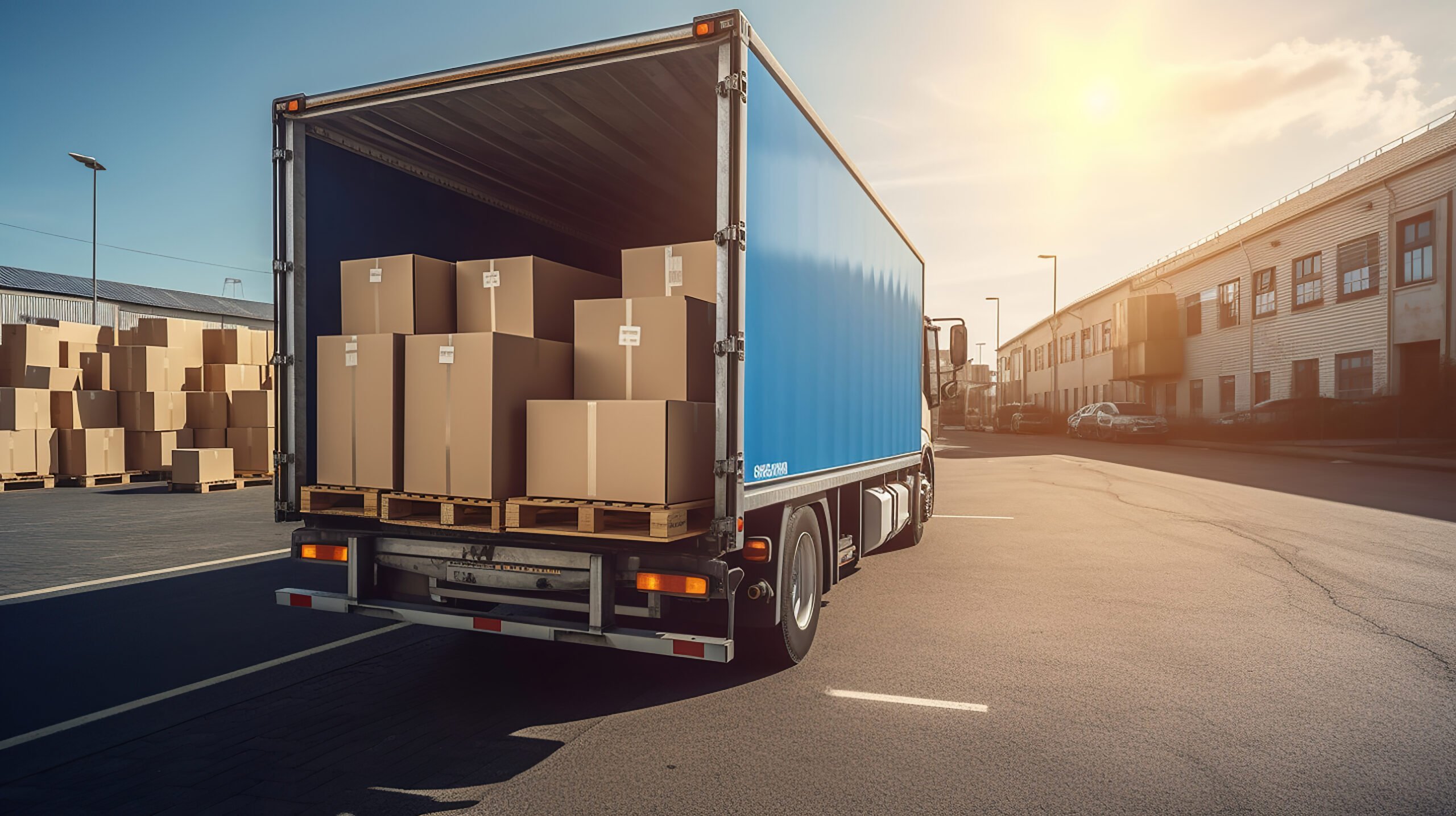 open truck is parked on the street, filled with cardboard boxes from the warehouse. Generative Ai