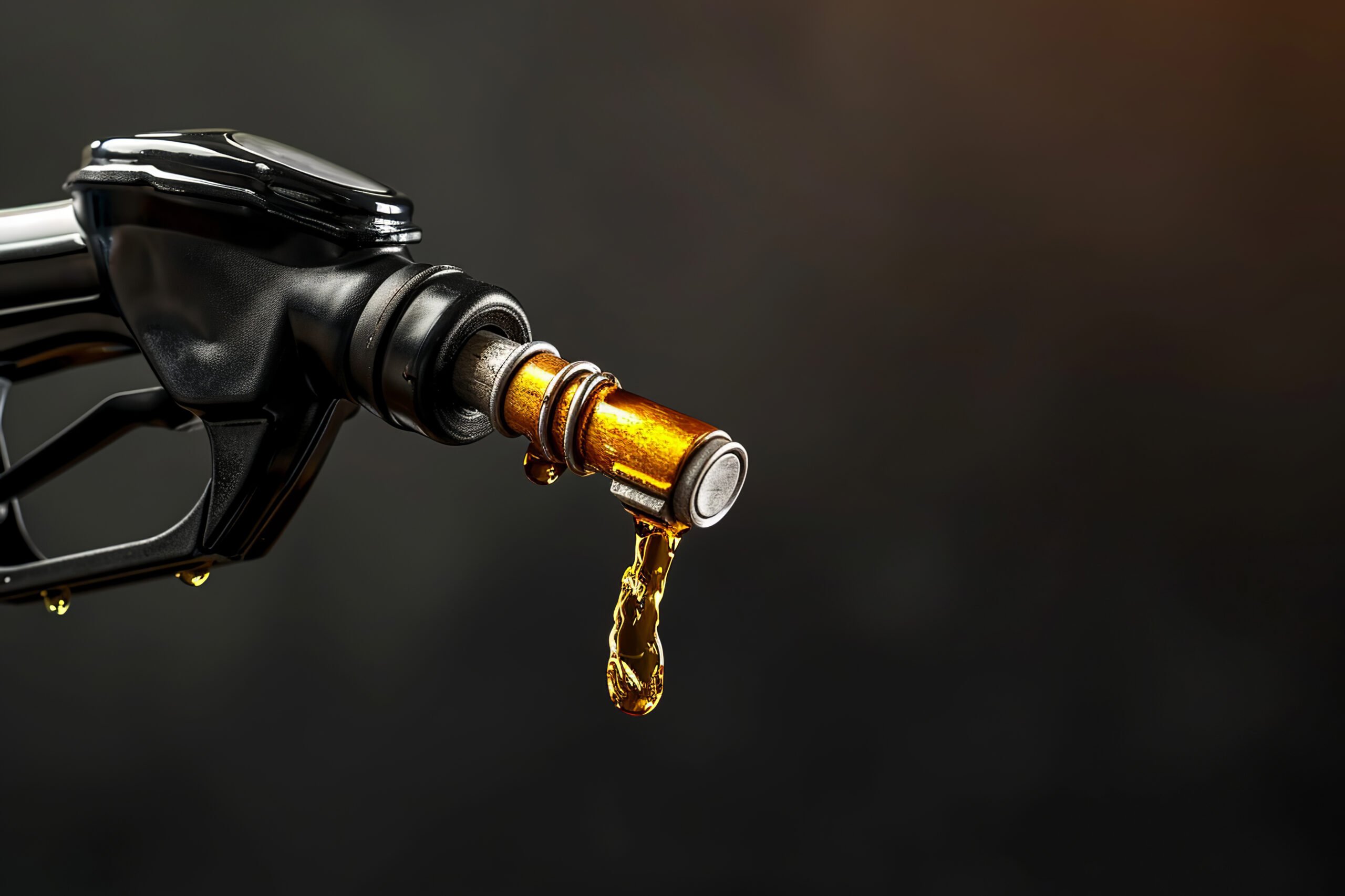 Black gasoline injector fueling oil or pure fuel on dark background. Flexible hose for refueling a car with gasoline, diesel fuel.