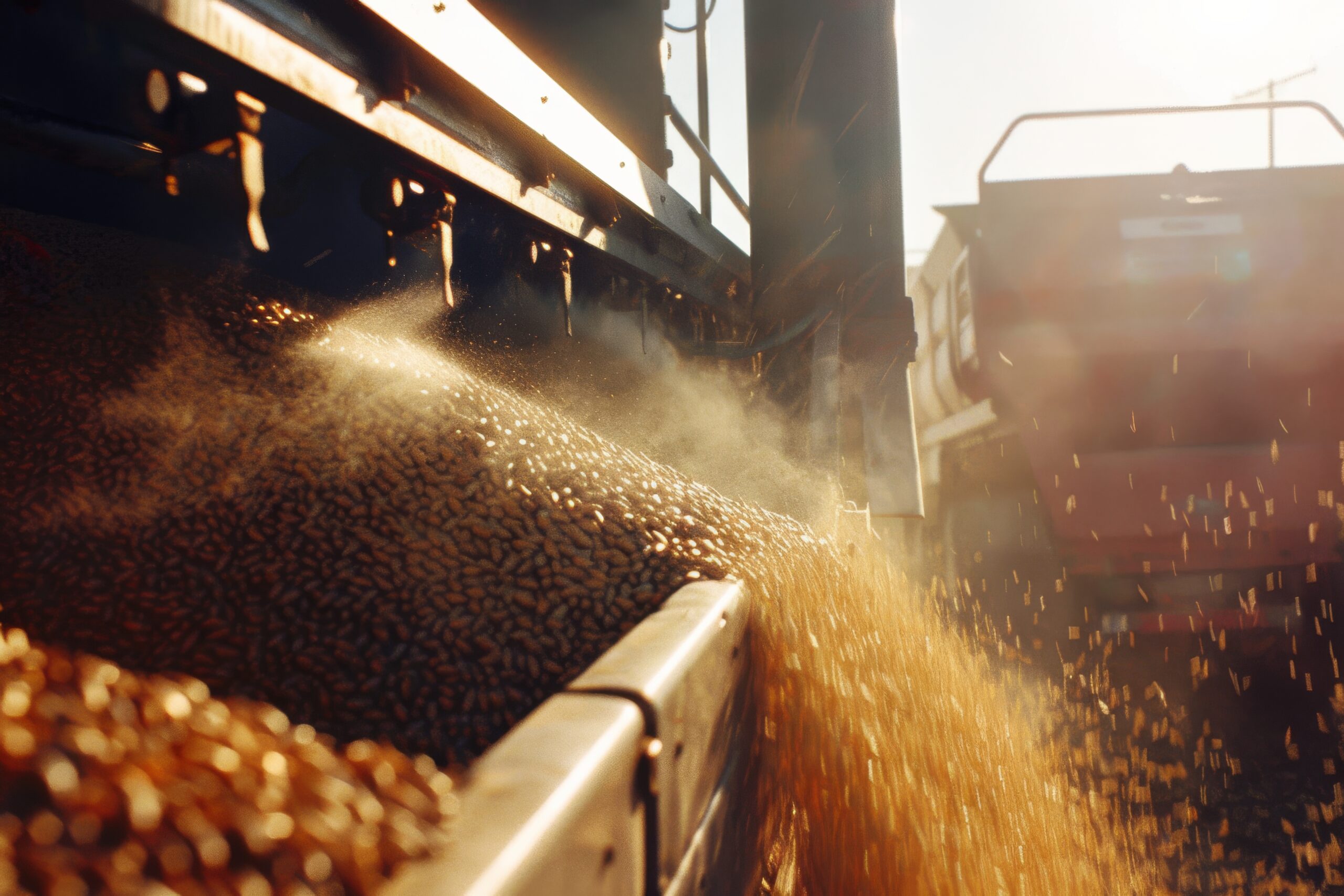 A harvester emits a cascade of grain under golden sunlight, symbolizing the fruitful culmination of a season in the expansive countryside.