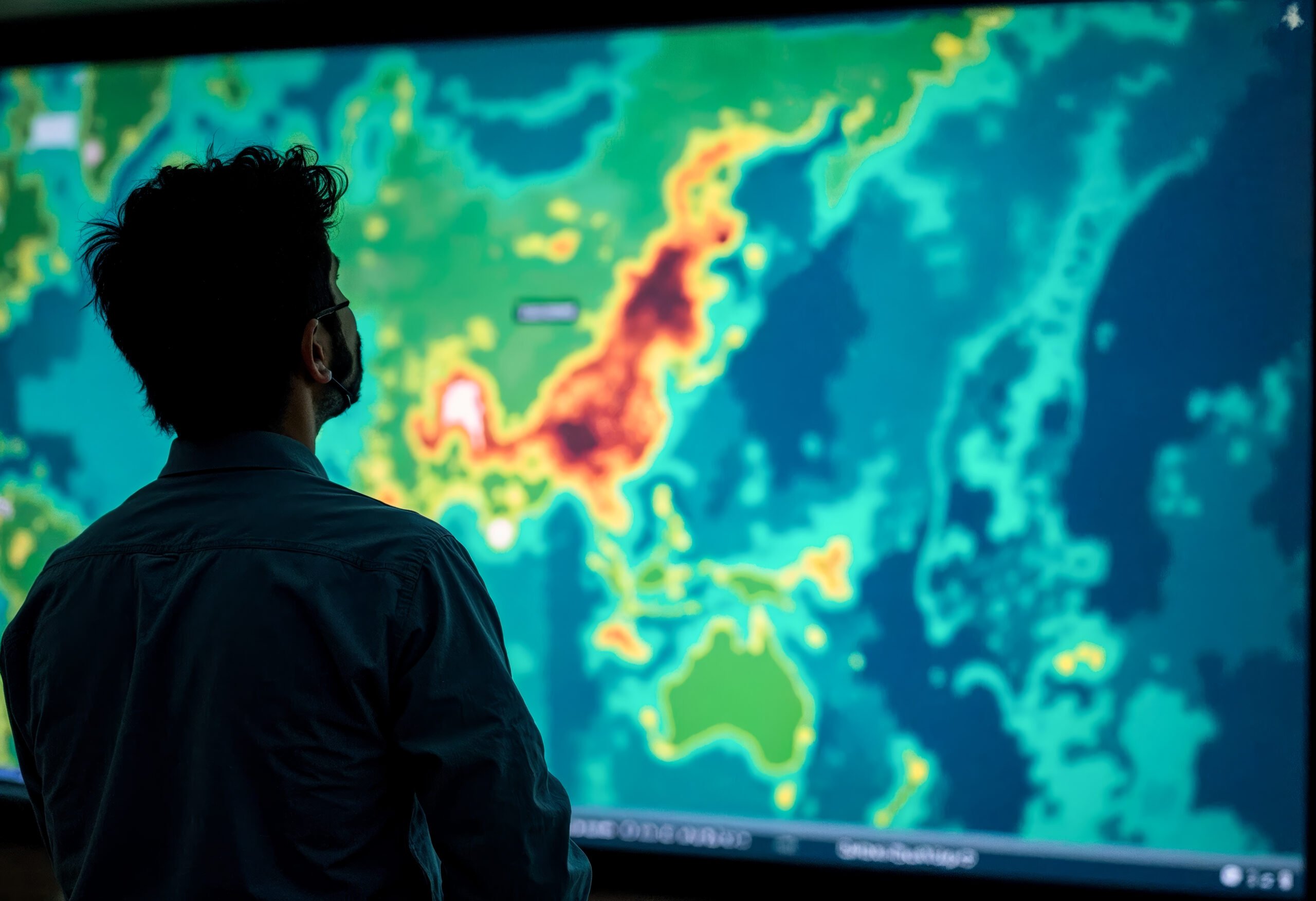 Man analyzing global heatmap climate change global warming data visualization large screen display science technology research environment geography cartography silhouette weather patterns world map
