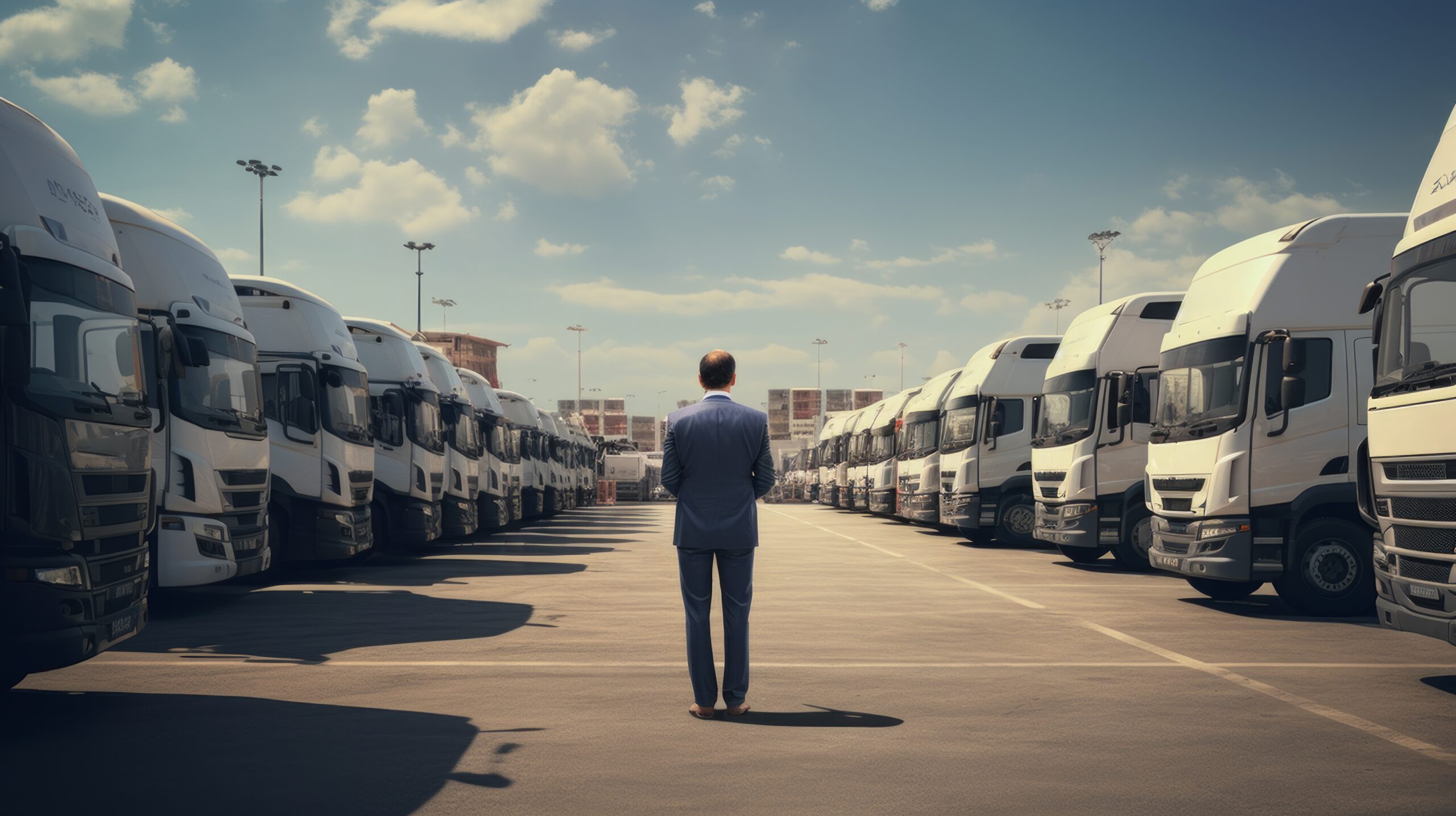 a man standing in front of a row of trucks