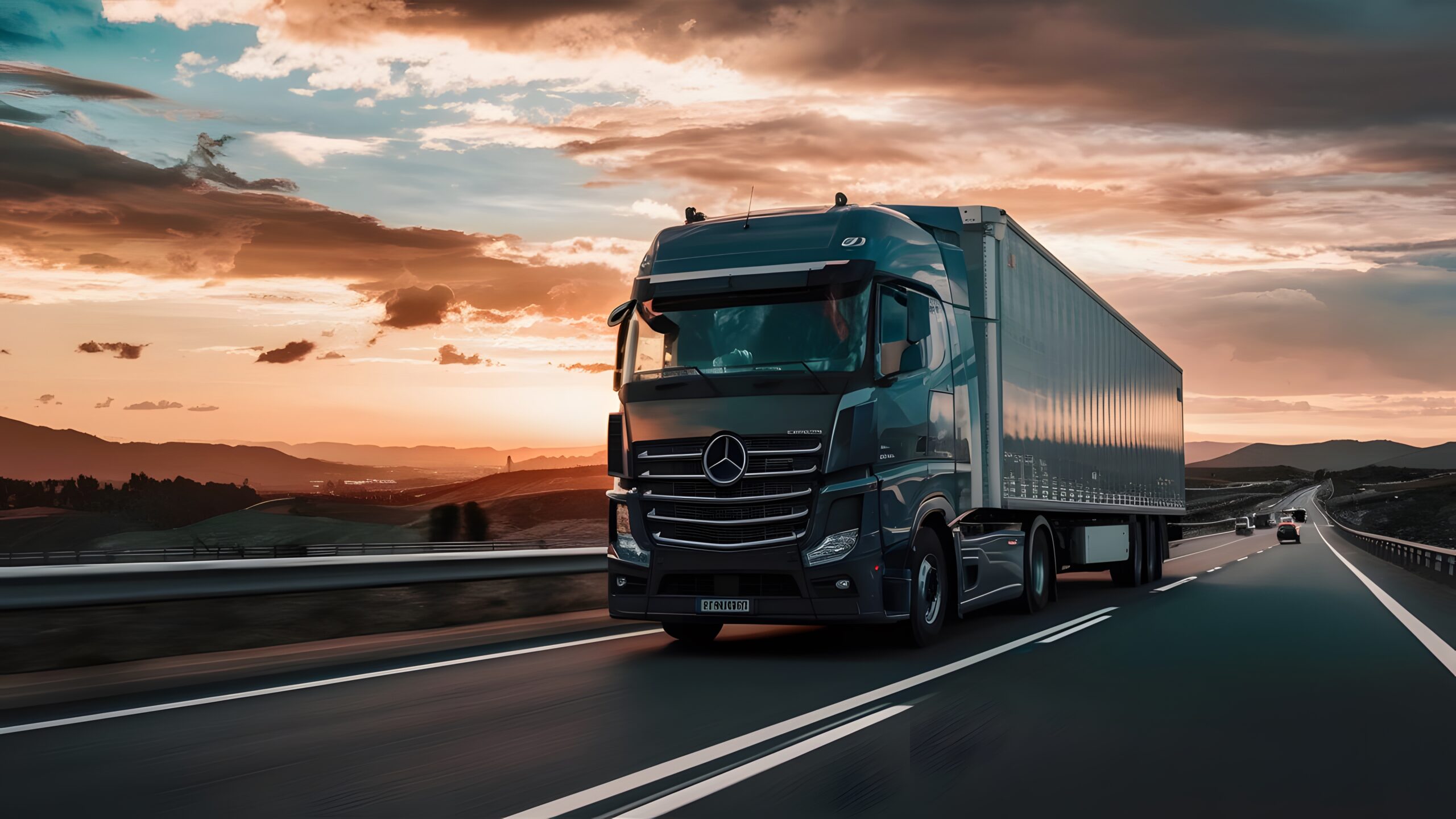 semi-truck-with-word-mercedes-front-is-driving-down-road