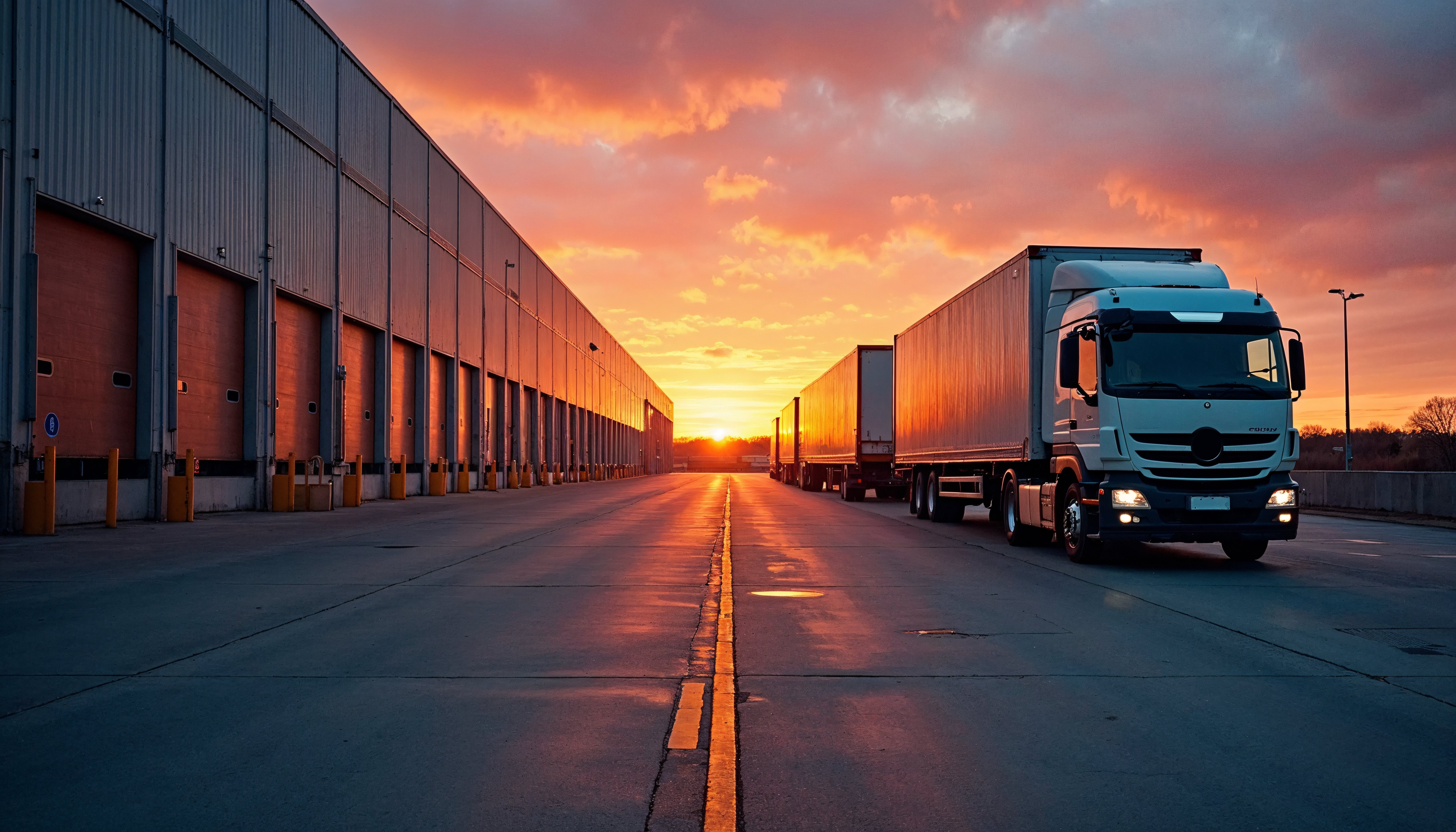 Several semi-trucks depart a large distribution center at sunset
