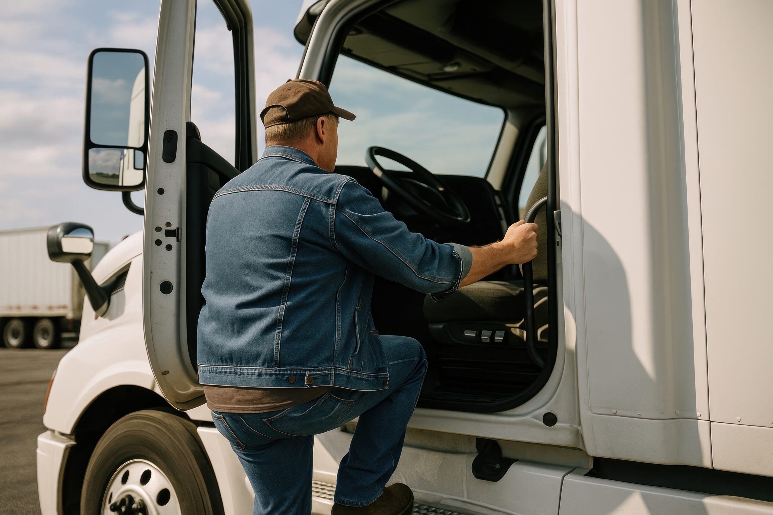 Truck driver entering vehicle confidently.