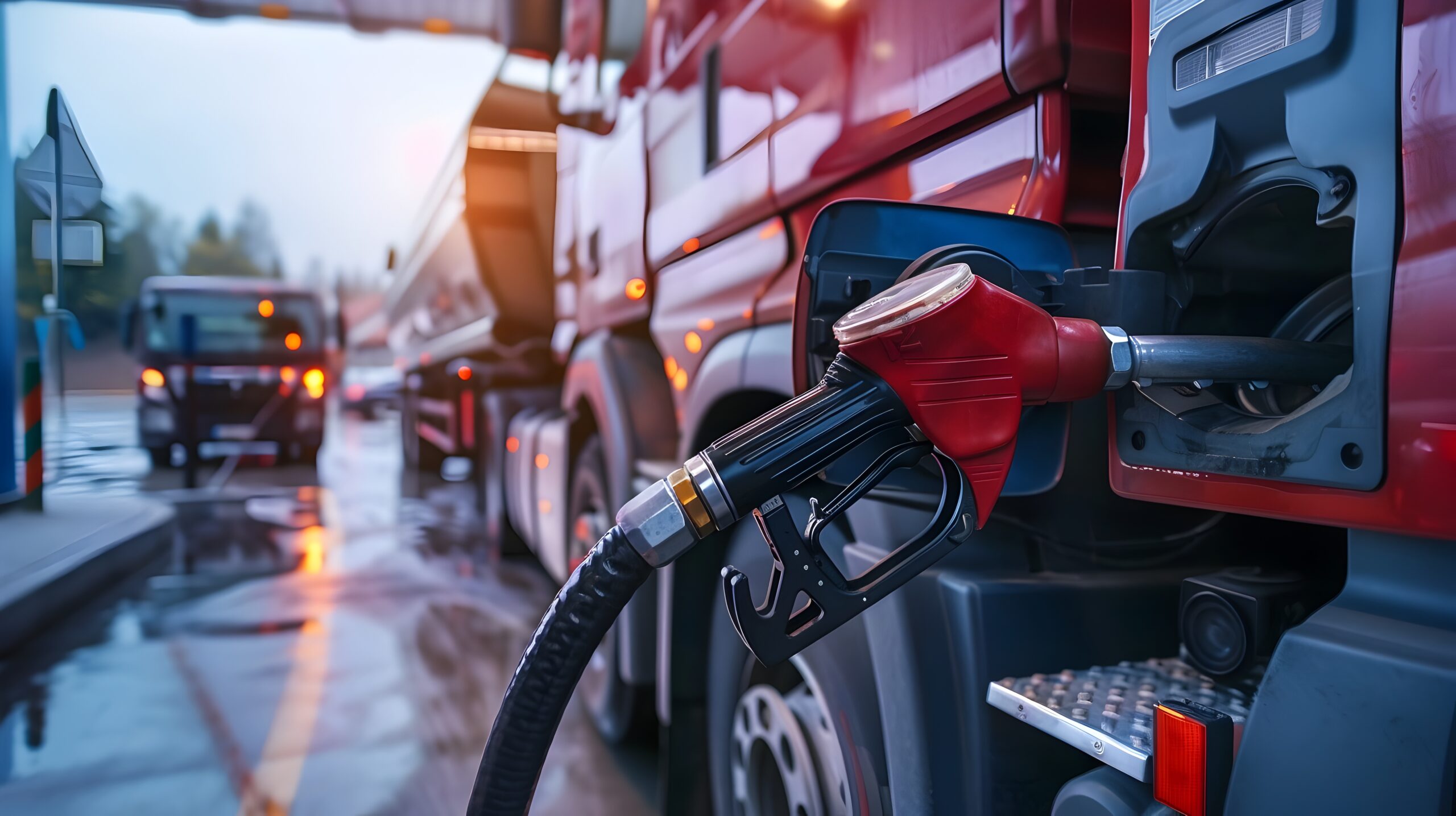 Truck Refueling at a Gas Station with Fuel Pump Nozzle Inserted